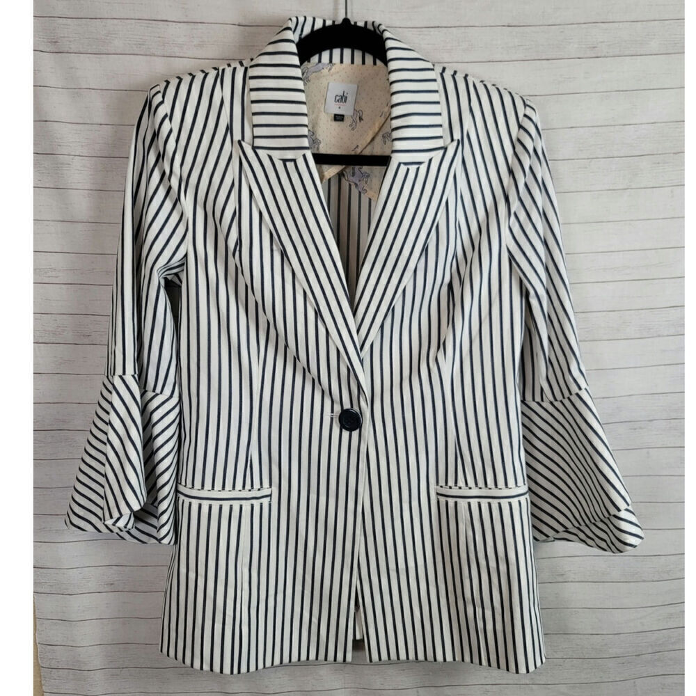 CAbi Ticking Stripe Bell-sleeve Blazer in Black/White, sz 4